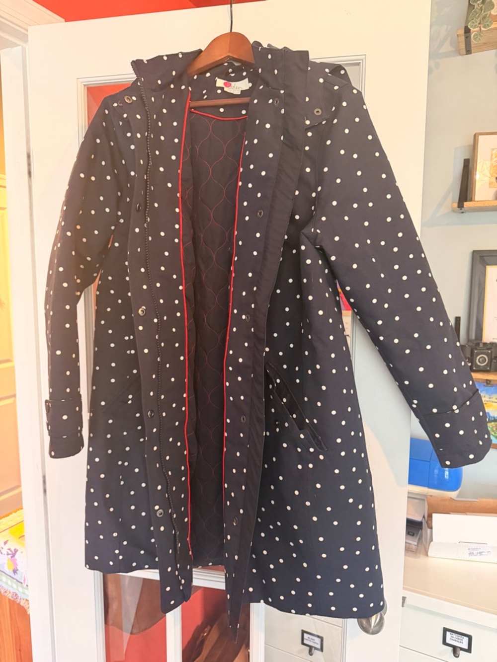 Boden Navy Polka Dot Trench / Rain Coat with Hood